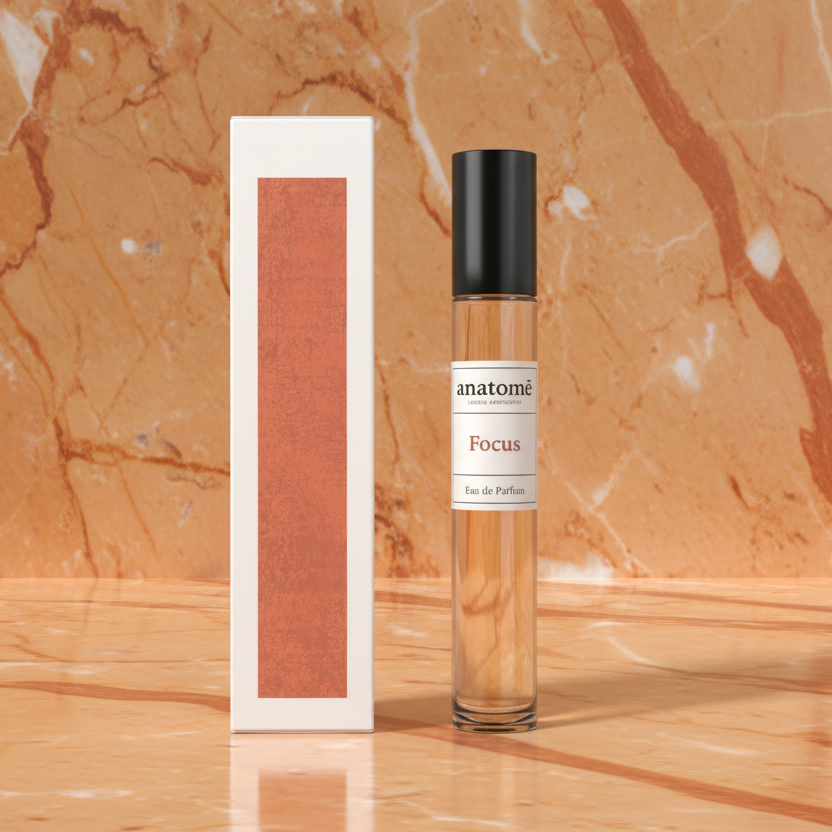 Anatomic 'Focus' perfume bottle and packaging on a marble background