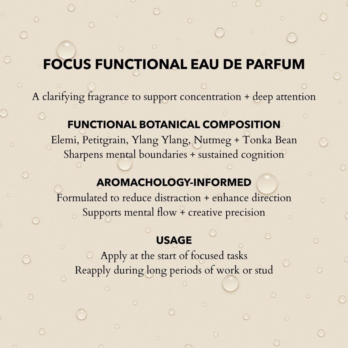Product label for 'Focus' Eau de Parfum by Olfactory Botanicals with botanical notes.