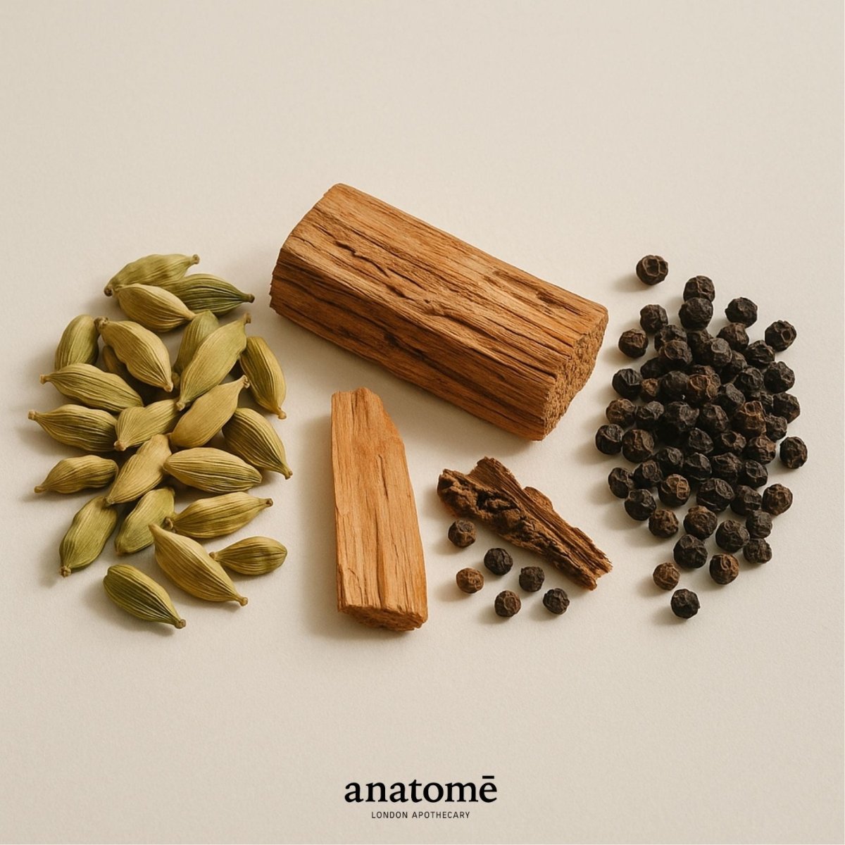 Spices including cardamom pods, cinnamon sticks, and black peppercorns on a light background with 'anatomé' branding.