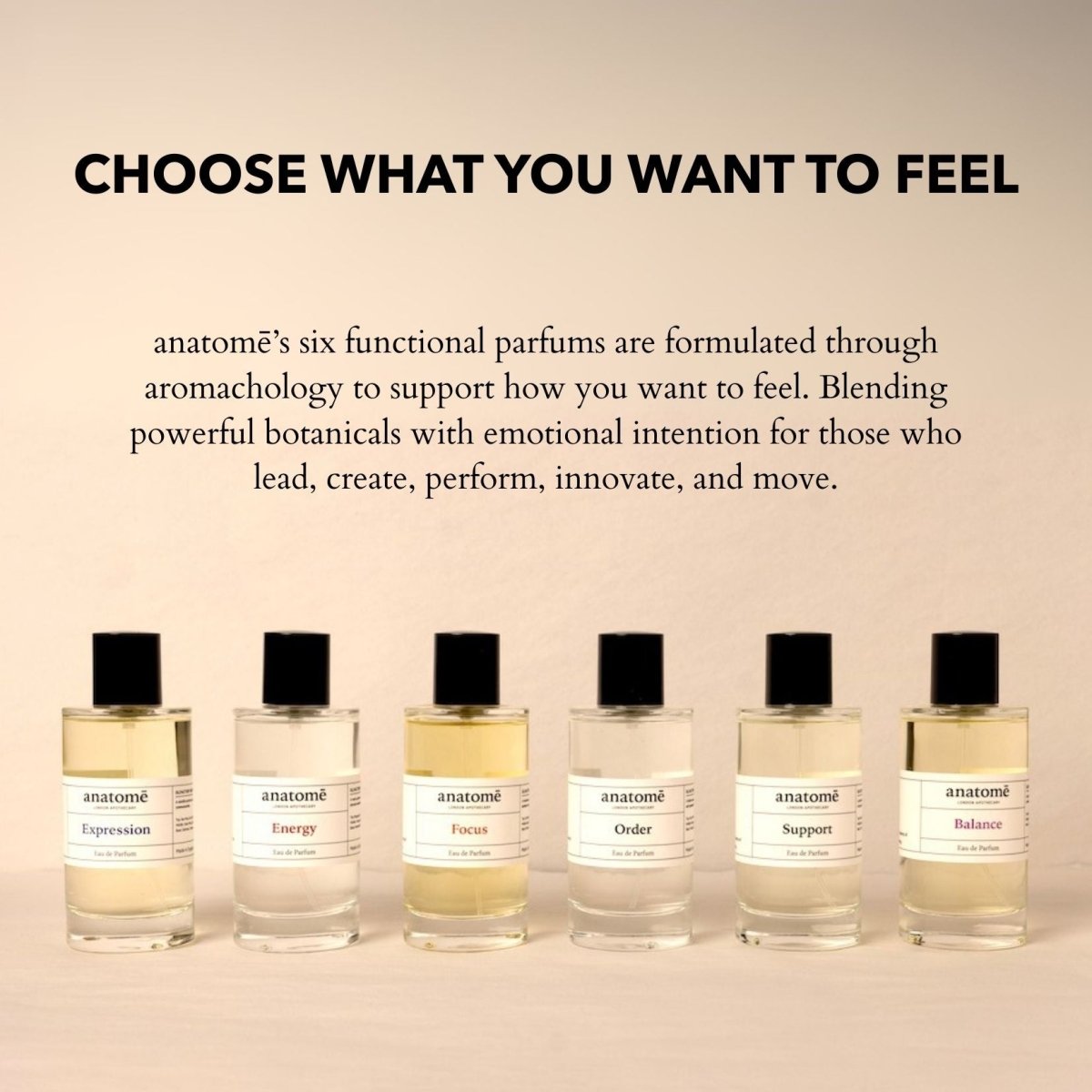 Six anatomé parfums bottles with labels on a beige background