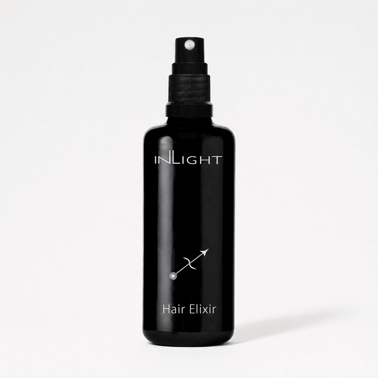 Black bottle of Inlight Beauty Hair Elixir 100ml on a white background