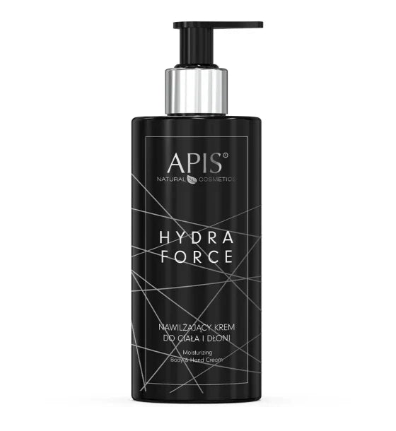 A black pump bottle of APIS Hydra Force moisturizing face cream on a plain white background.