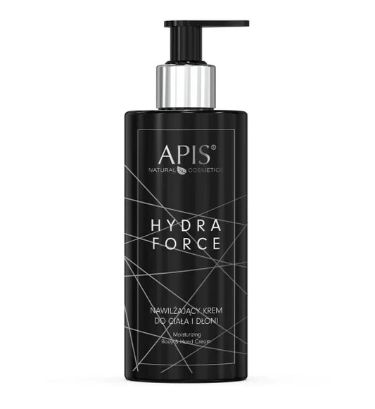 A black pump bottle of APIS Hydra Force moisturizing face cream on a plain white background.