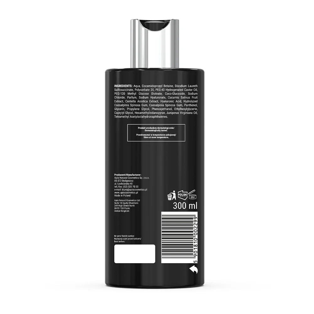 Back view of Apis Hydra Force Moisturising Shower Gel for Men 300ml with text and a barcode on a white background