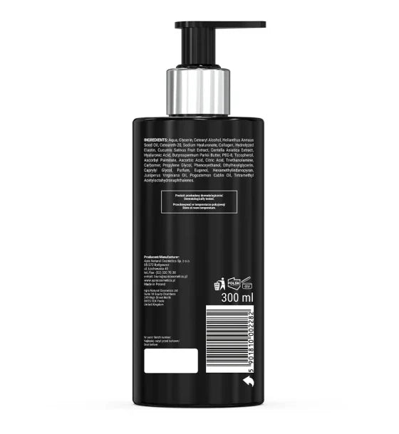 Apis Hydra Force Moisturising Body & Hand Cream for Men 300ml, showing the back label with text, a barcode, and a white arrow icon, on a white background.