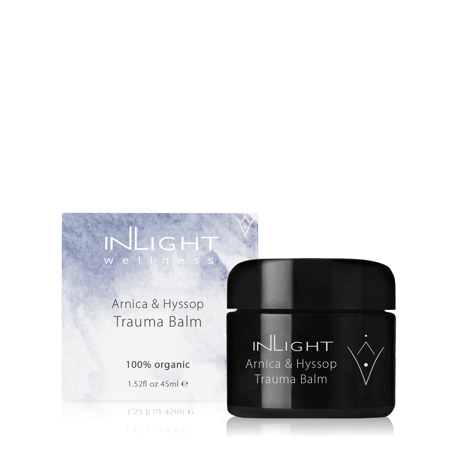 Inlight Beauty Arnica & Hyssop Trauma Balm 45ml jar and packaging on a white background