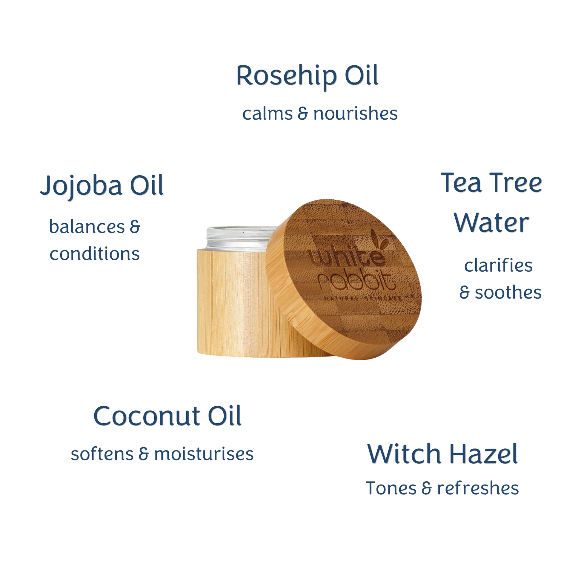 Skincare product with wooden lid and text describing oils and waters on a white background