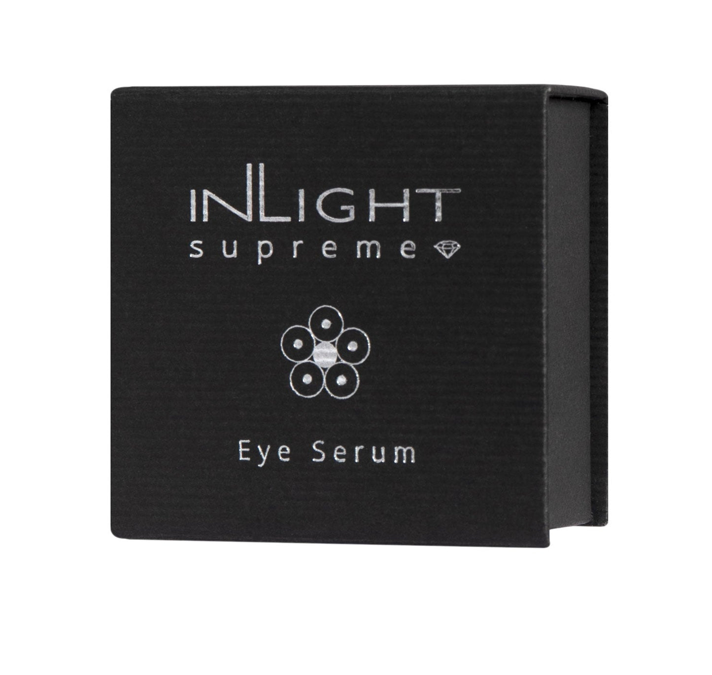 A black rectangular box for INLIGHT Supreme Eye Serum, featuring silver text and a flower-like logo on a clean white background.