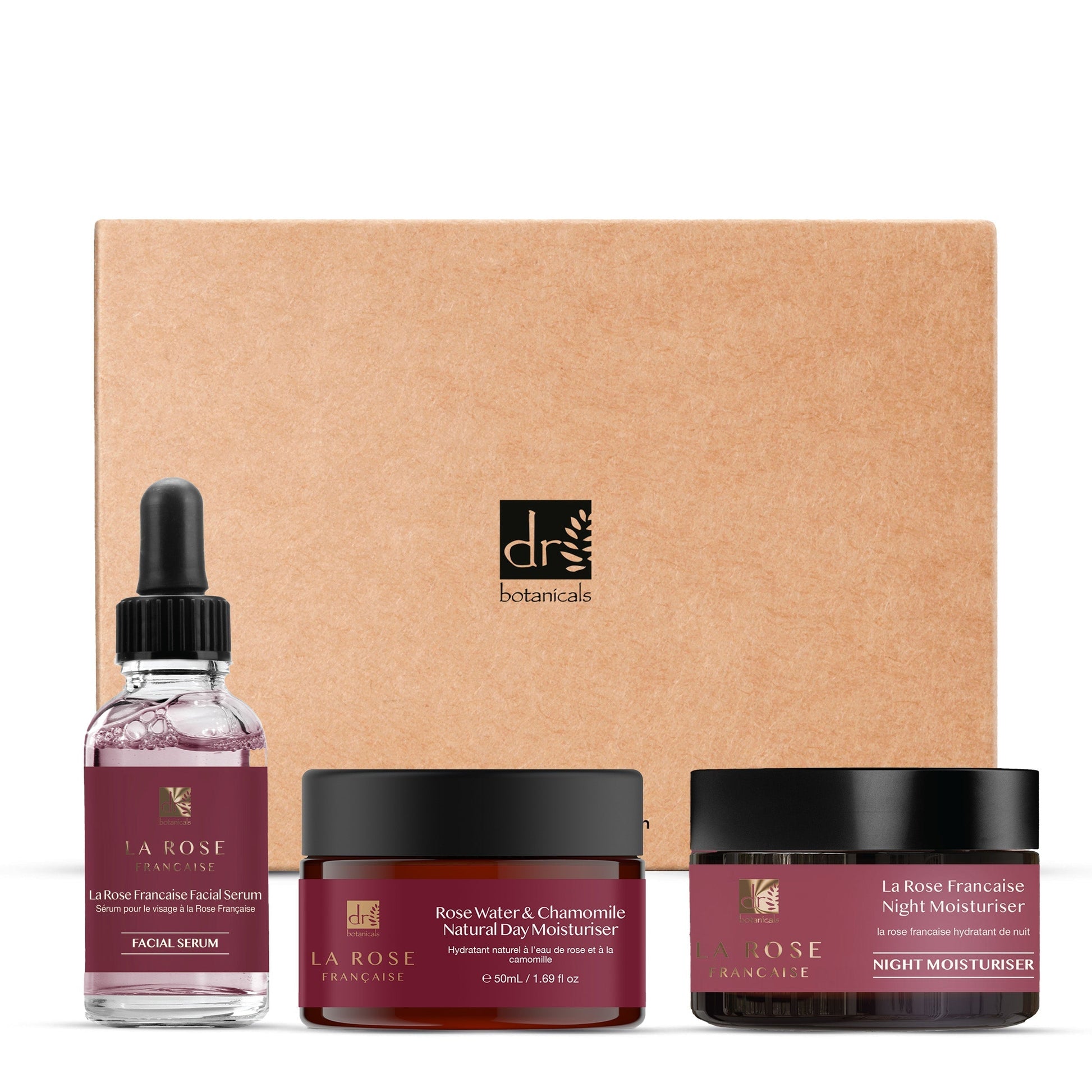 Skincare product set with 'La Rose Française' branding on a beige background