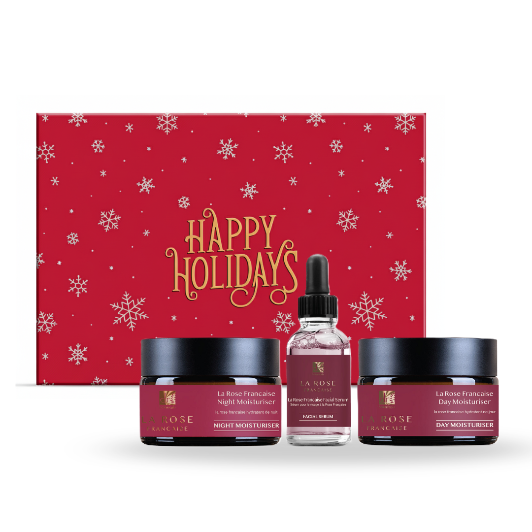 La Rose Française skincare set with 'Happy Holidays' gift box