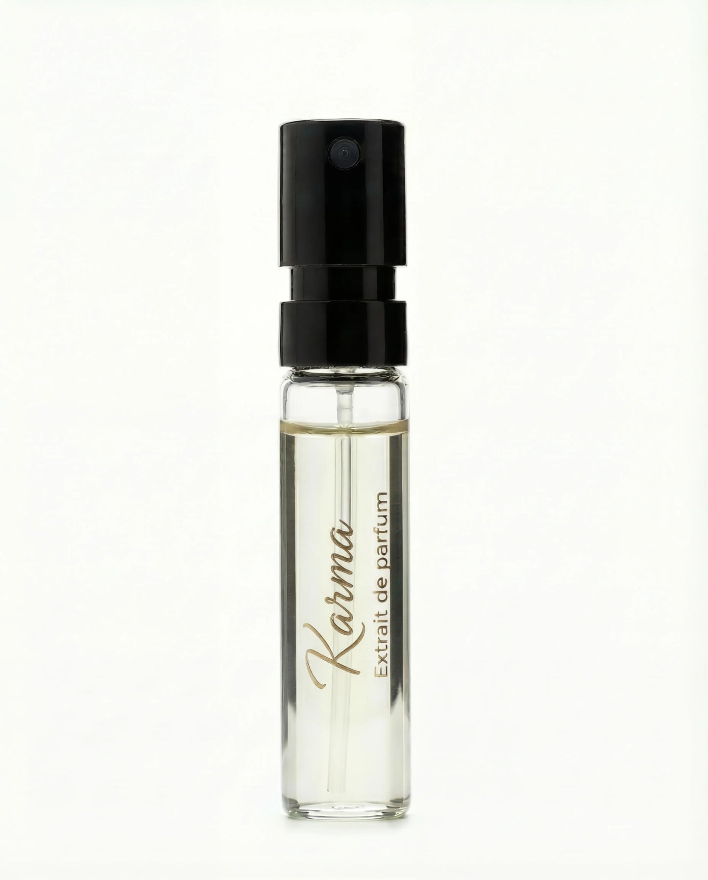 Small glass bottle of Karina perfume extract with black cap on a white background