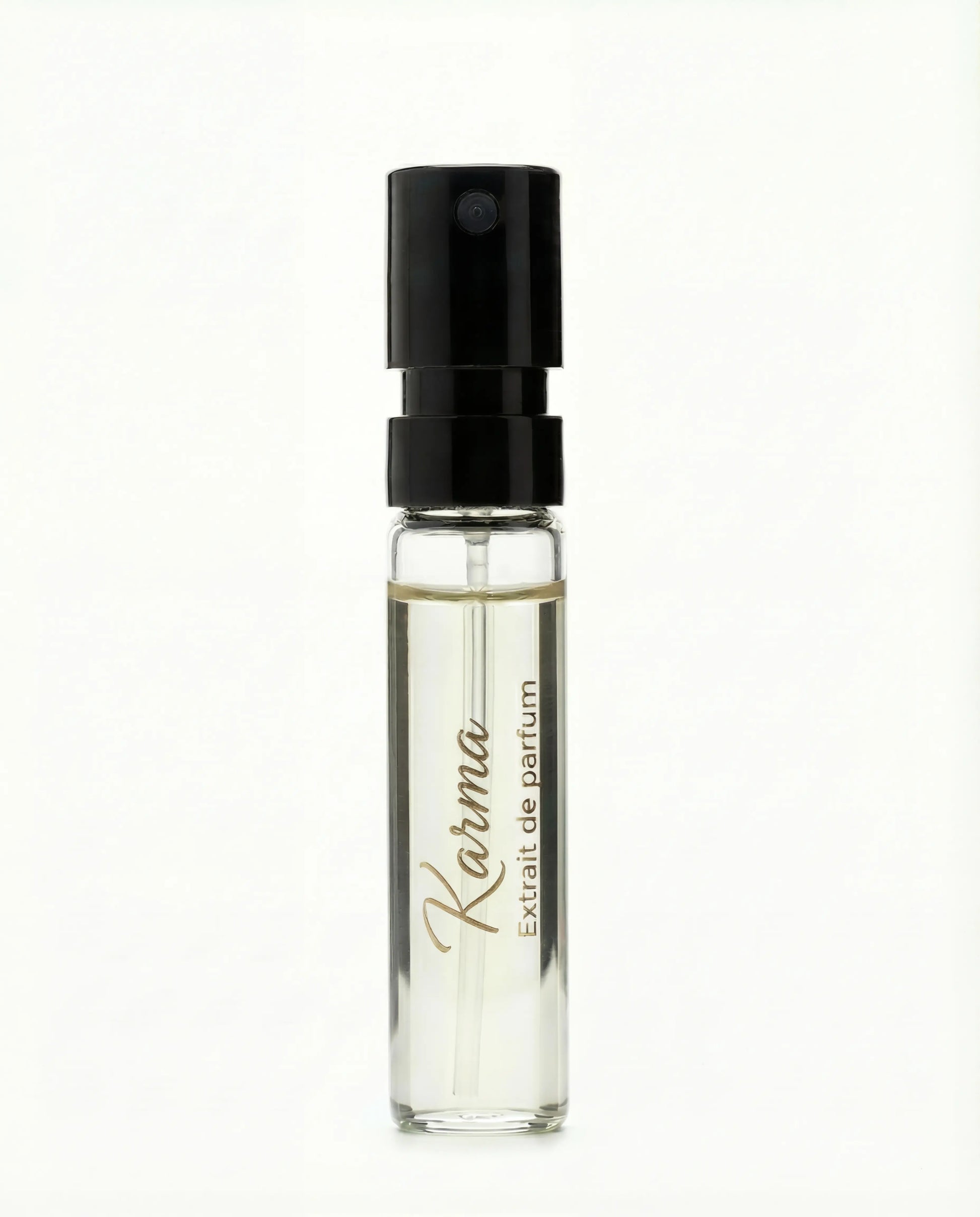 Small glass bottle of Karina perfume extract with black cap on a white background