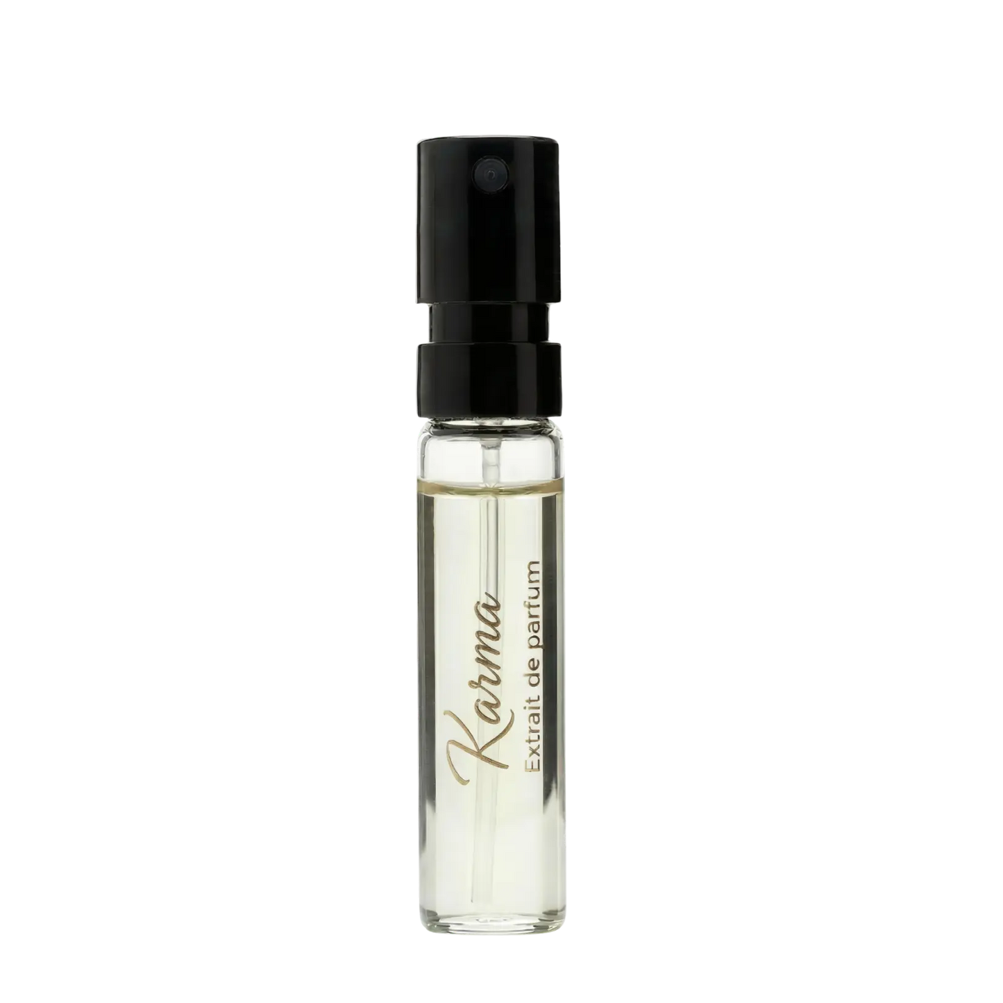 Small glass bottle of Karma perfume extract with black cap on a white background
