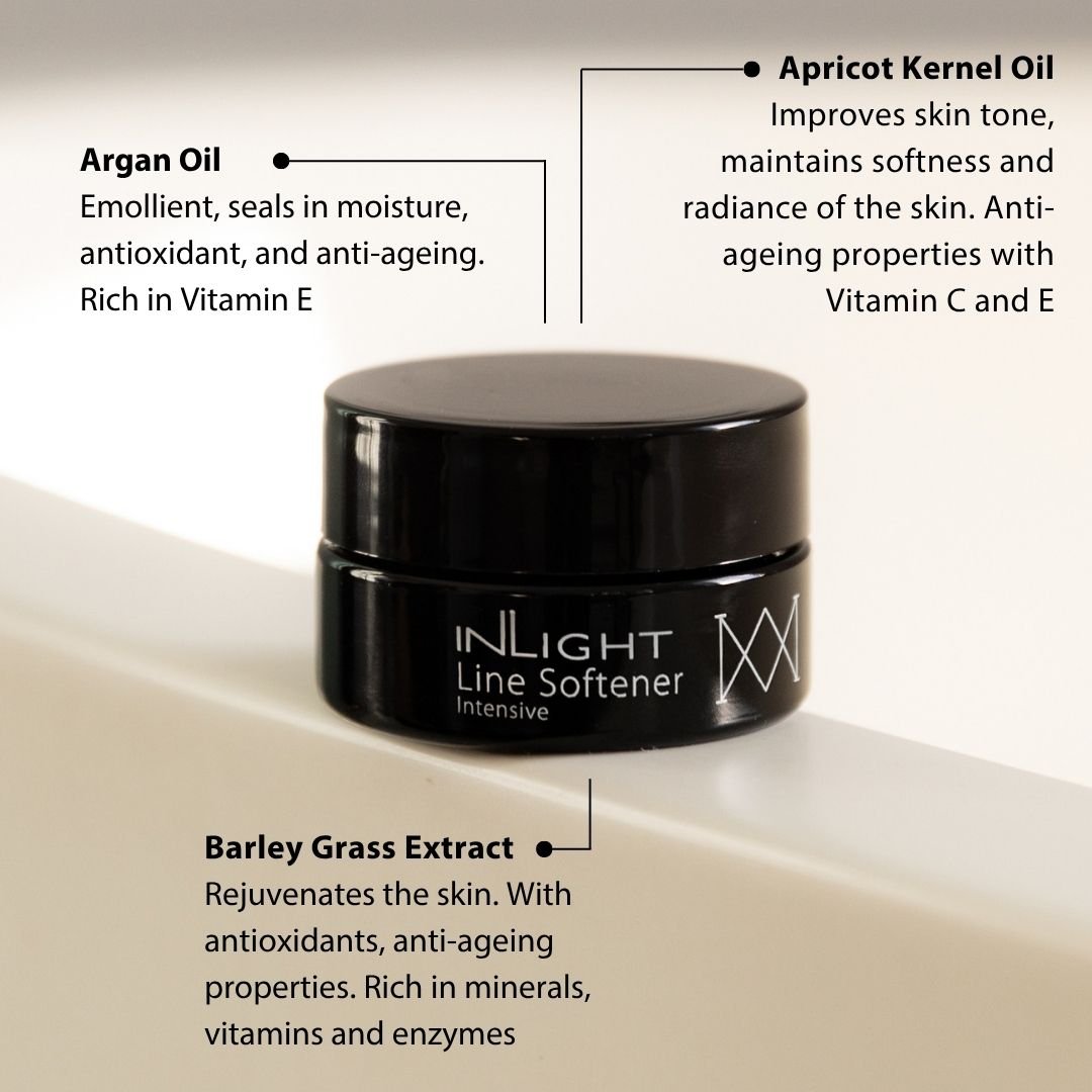 Black jar of Inlight Beauty Line Softener Intensive 15ml on a beige background with product details.
