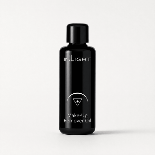 Black bottle of Inlight Beauty Make-up Remover Oil 50ml on a white background