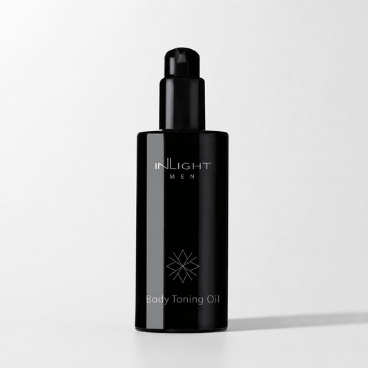 Black bottle of Inlight Beauty Body Toning Oil for Men 200ml on a white background