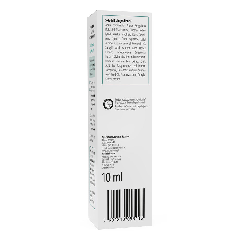 Apis My Pure Skin Anti-Imperfection Spot Cream 10ml, showing the back side with ingredients, barcode, and text details on a plain white background.