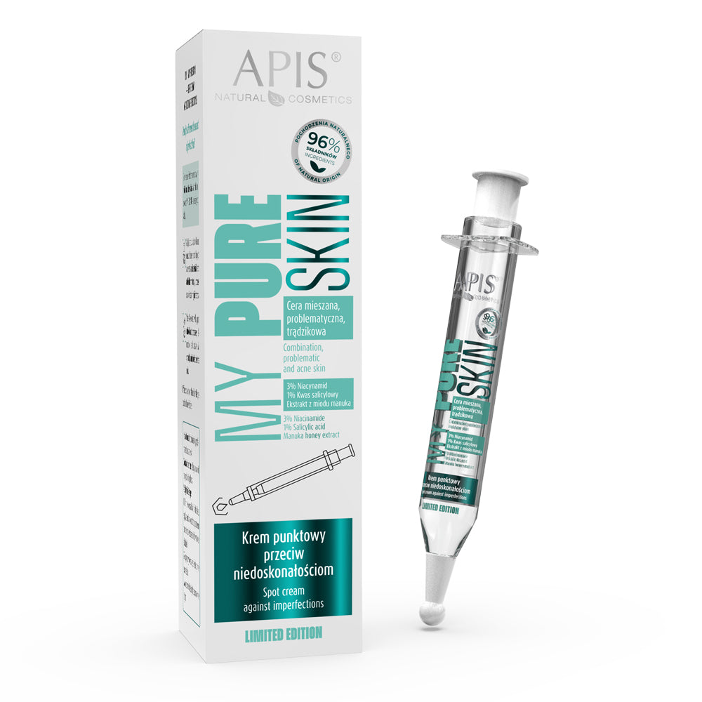 Apis My Pure Skin Anti-Imperfection Spot Cream 10ml packaging and tube on a white background