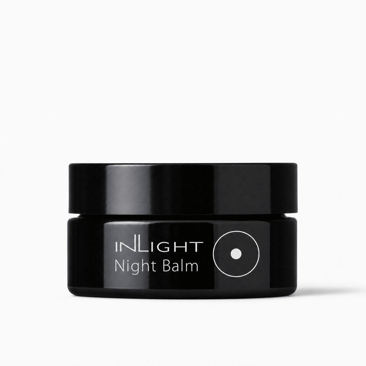 Black jar of Inlight Beauty Night Balm 45ml on a white background