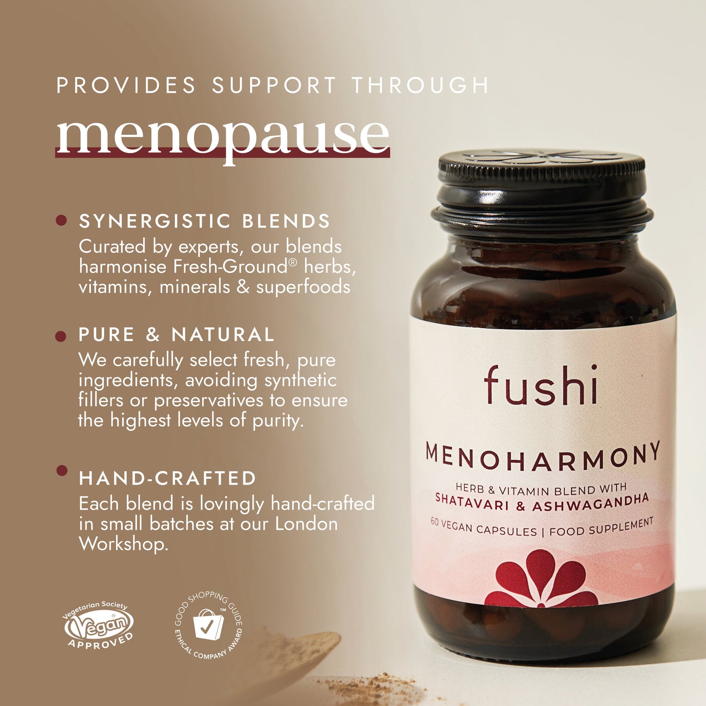 Fushi Menoharmony supplement bottle with product details on a beige background