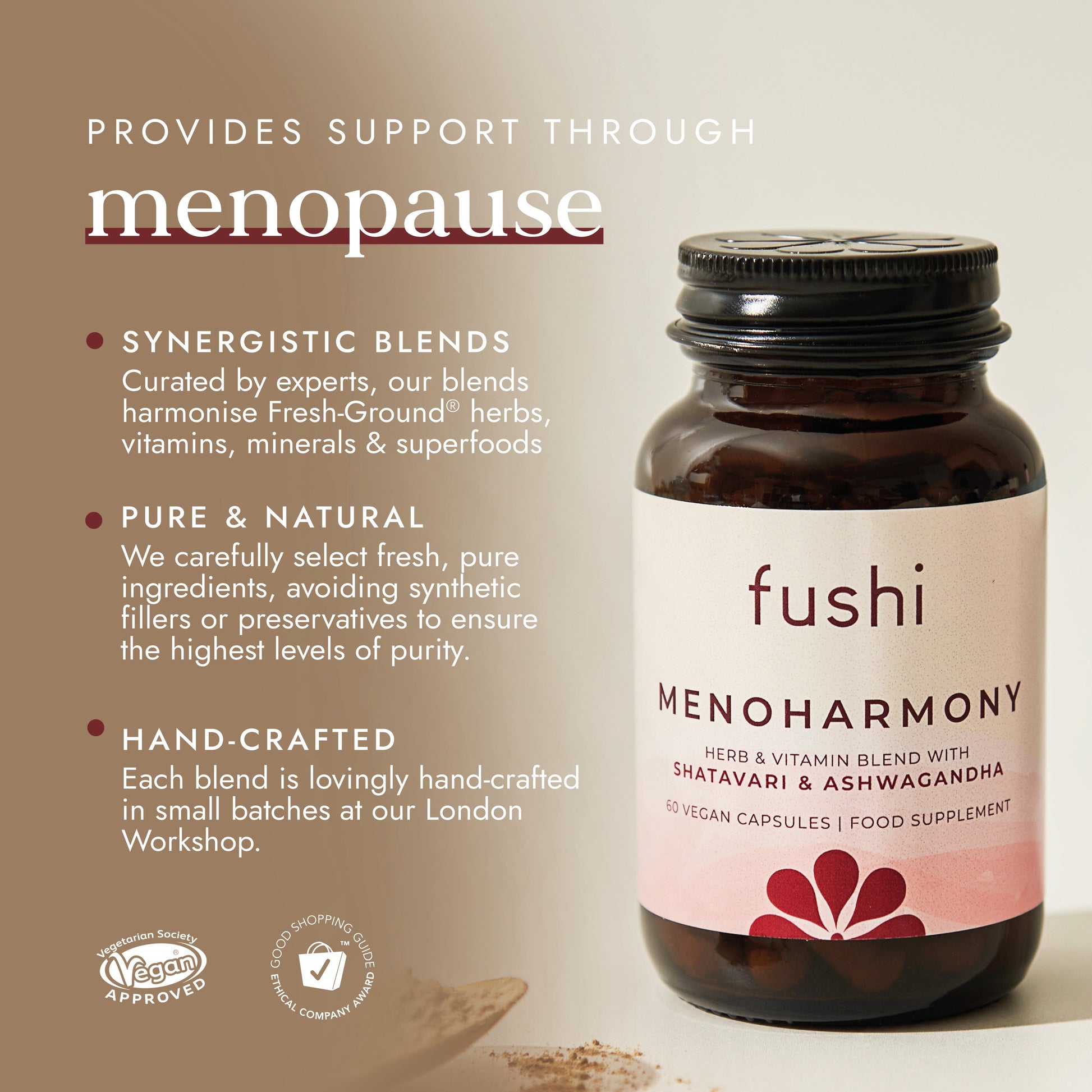 Fushi Menoharmony supplement bottle with product details on a beige background
