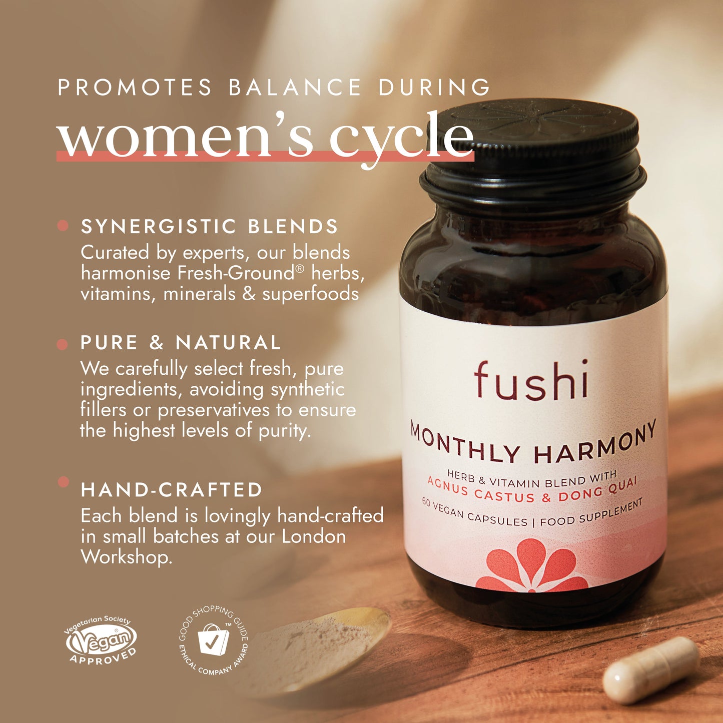 Fushi Monthly Harmony supplement bottle on a wooden surface with promotional text.