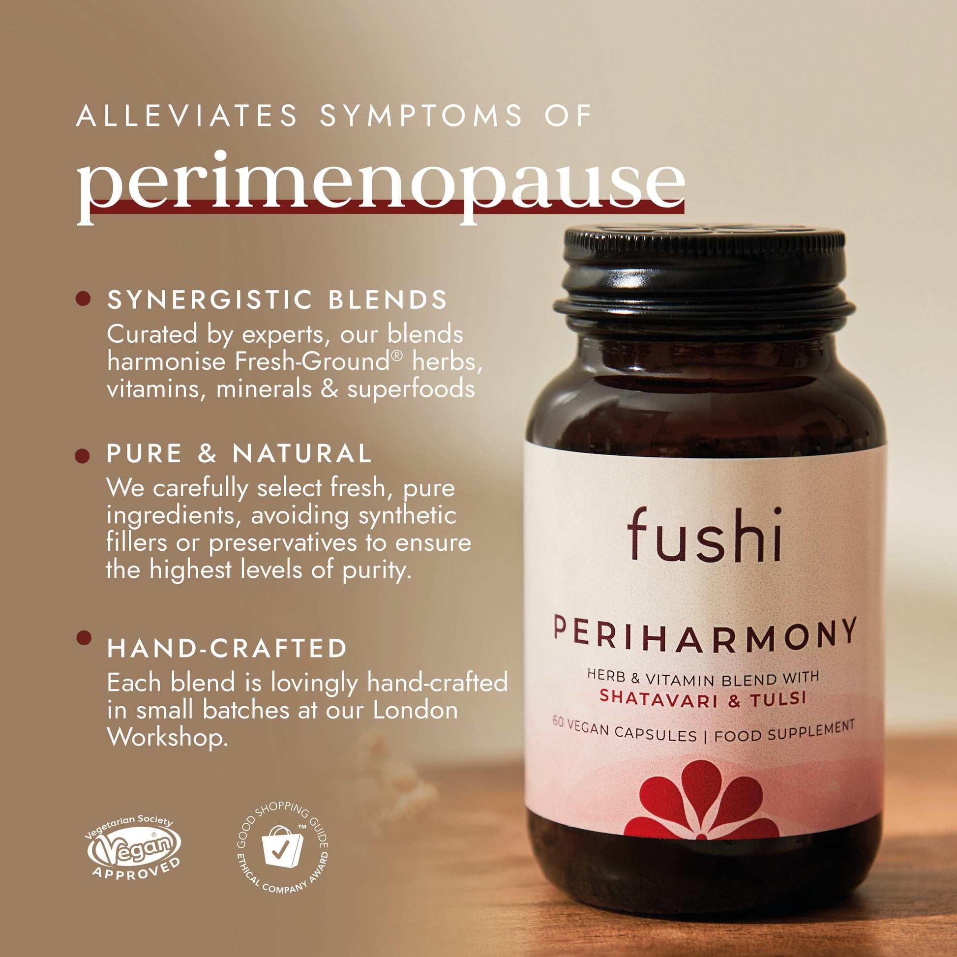 Fushi Periharmony supplement bottle with product details on a beige background