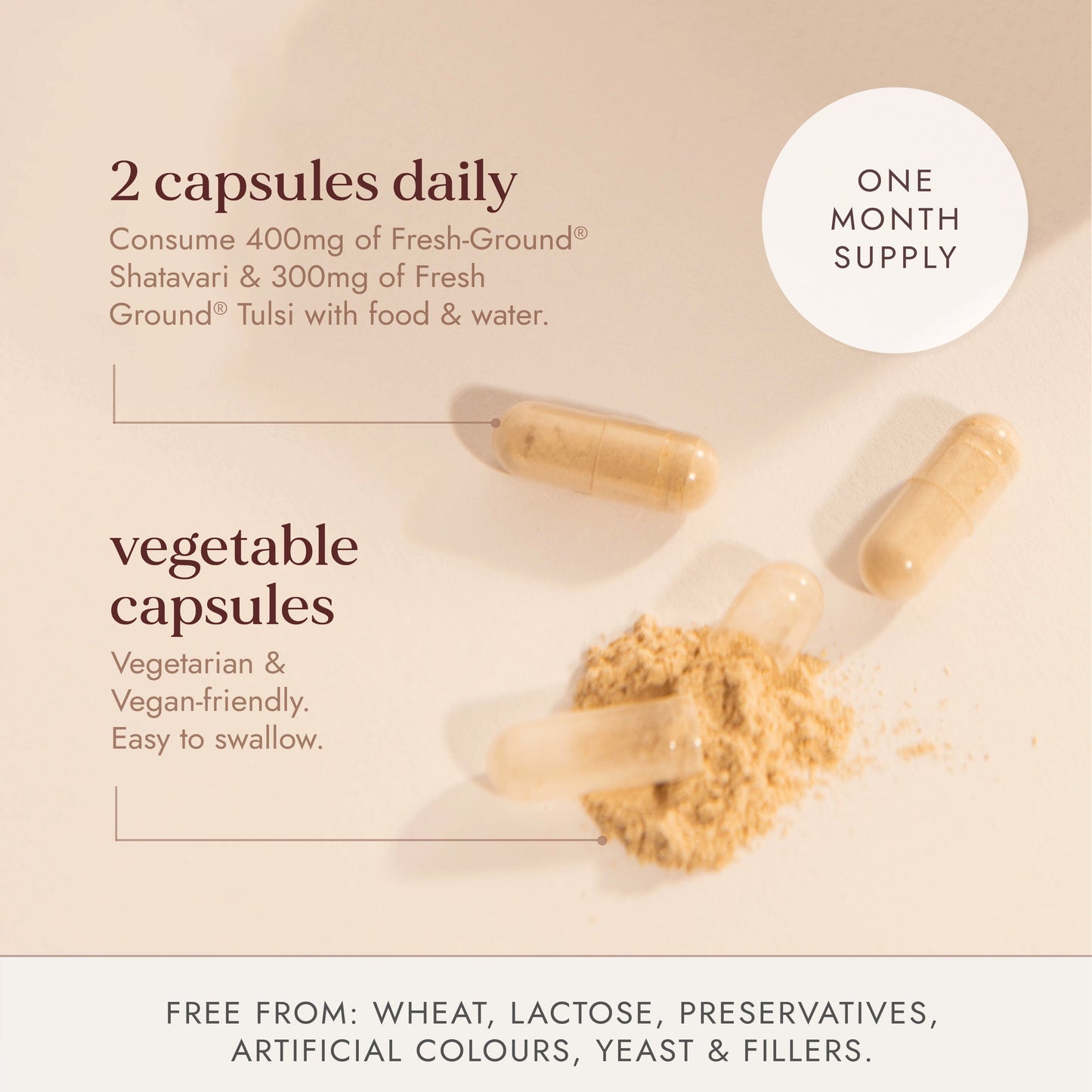 Vegetable capsules with a scoop of powder on a beige background, labeled as a one-month supply.