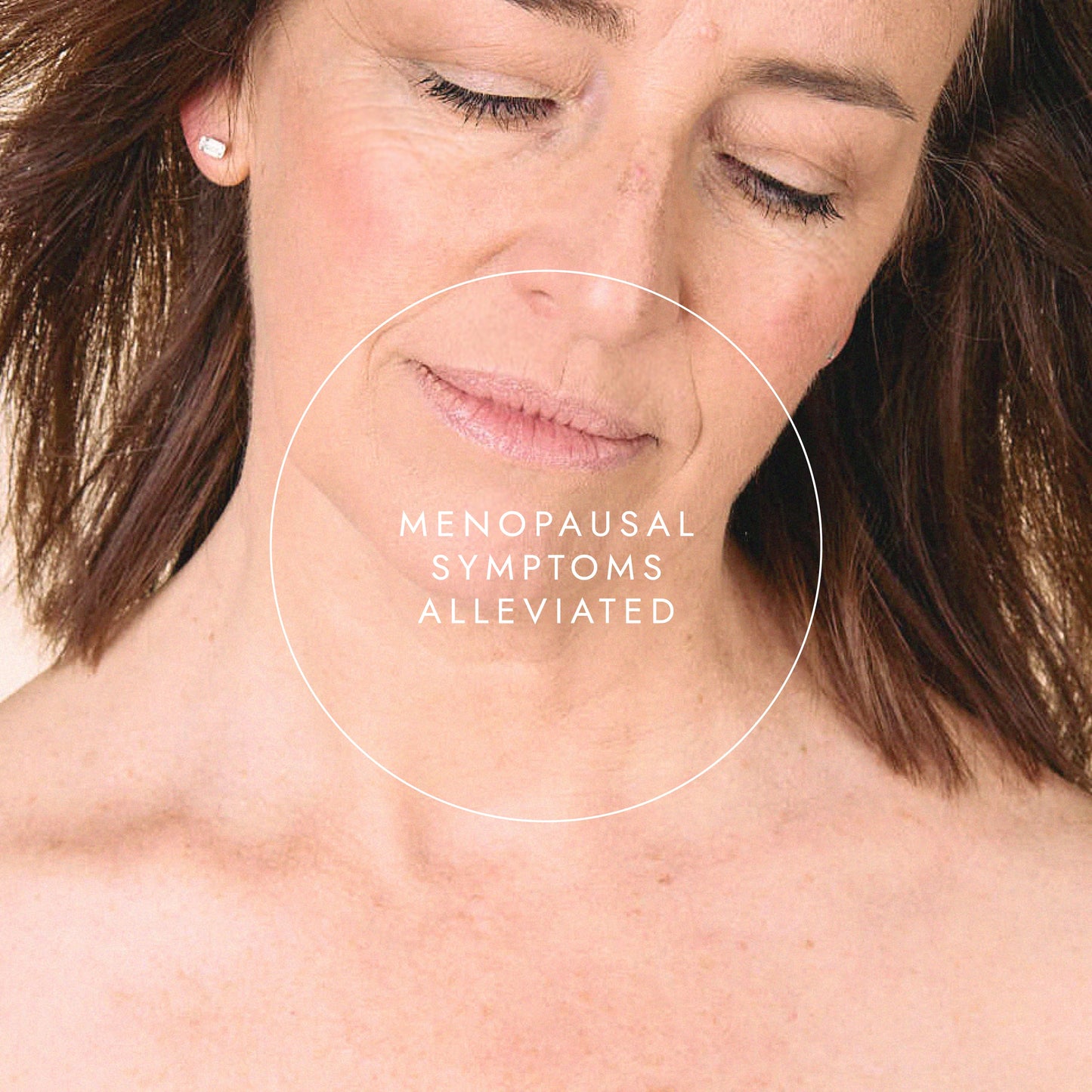 Woman with text 'Menopausal Symptoms Alleviated' on her neck
