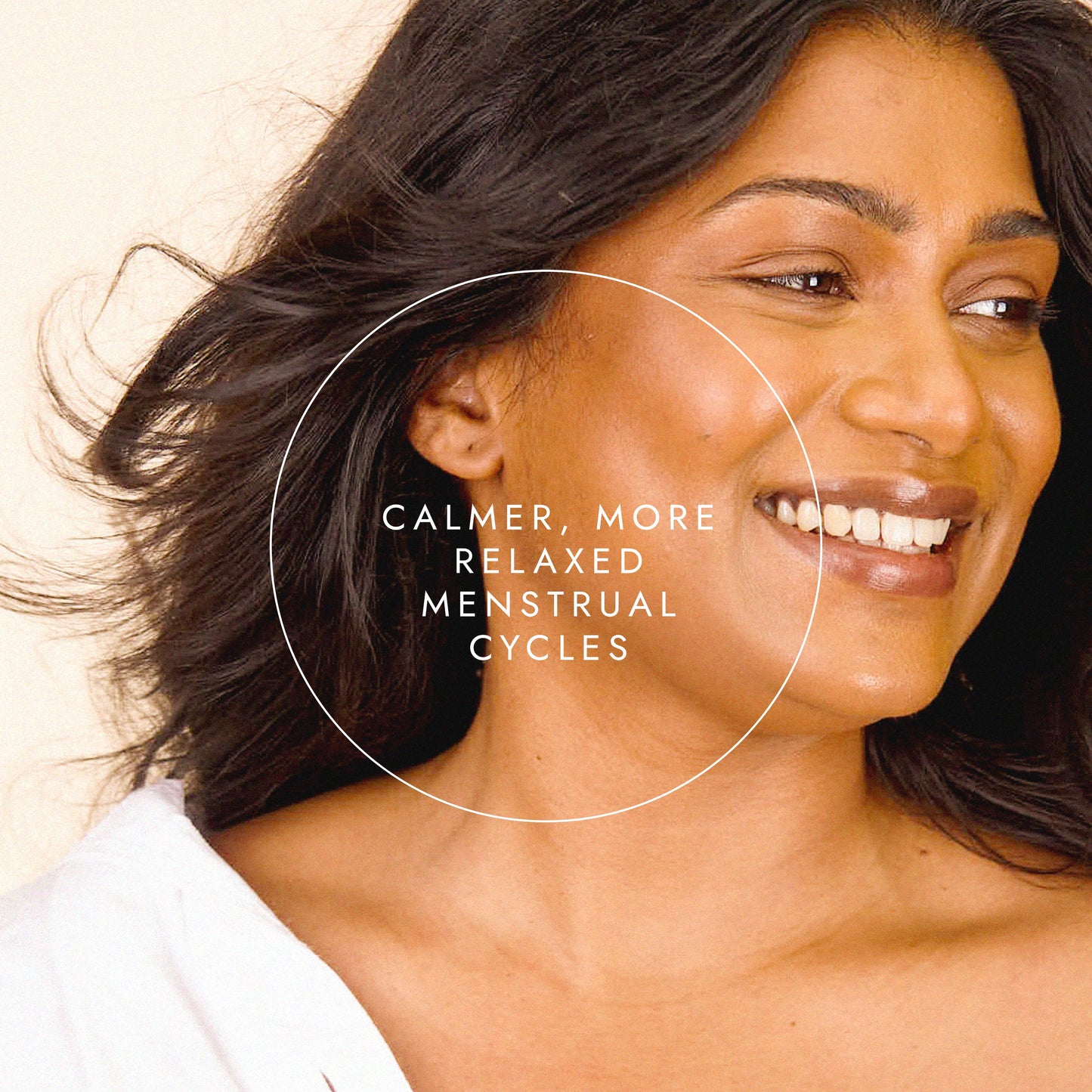 Woman with a serene expression, text overlay about menstrual health.