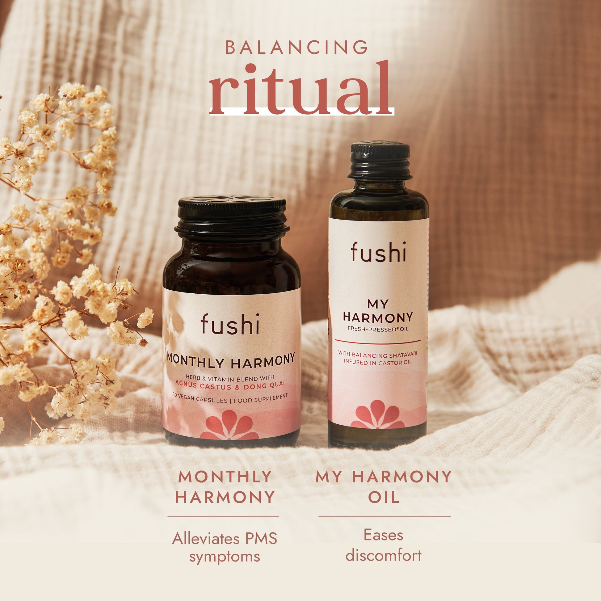 Two fushi products, 'Monthly Harmony' and 'My Harmony Oil', on a textured surface with flowers.