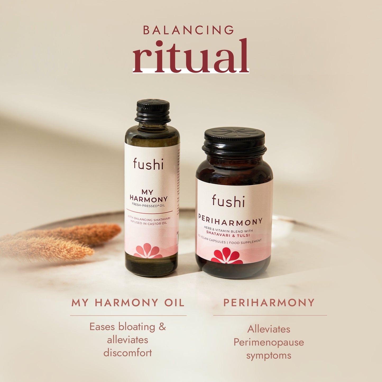 Two fushi products, 'My Harmony Oil' and 'PeriHarmony', on a neutral background with text about their uses.