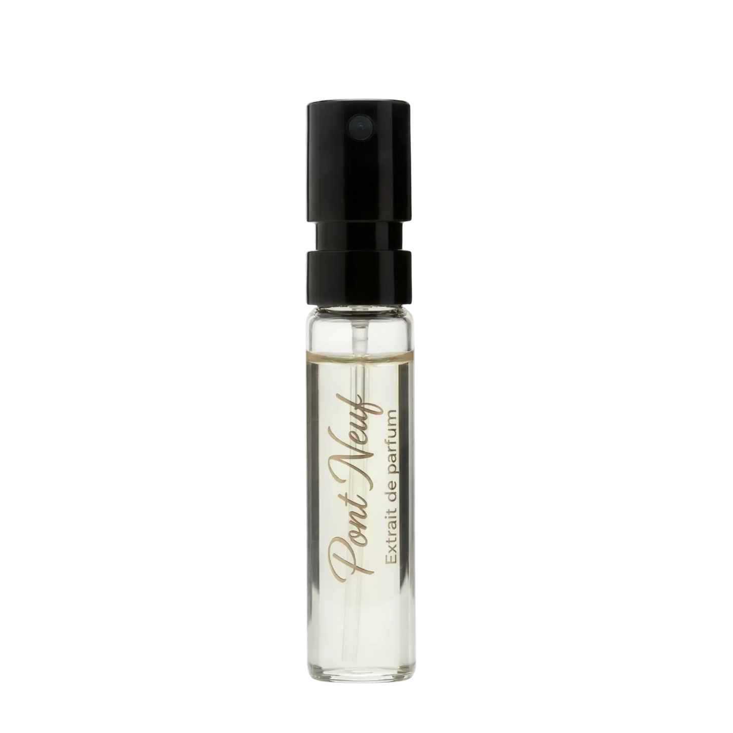 Small perfume bottle with black cap on a white background