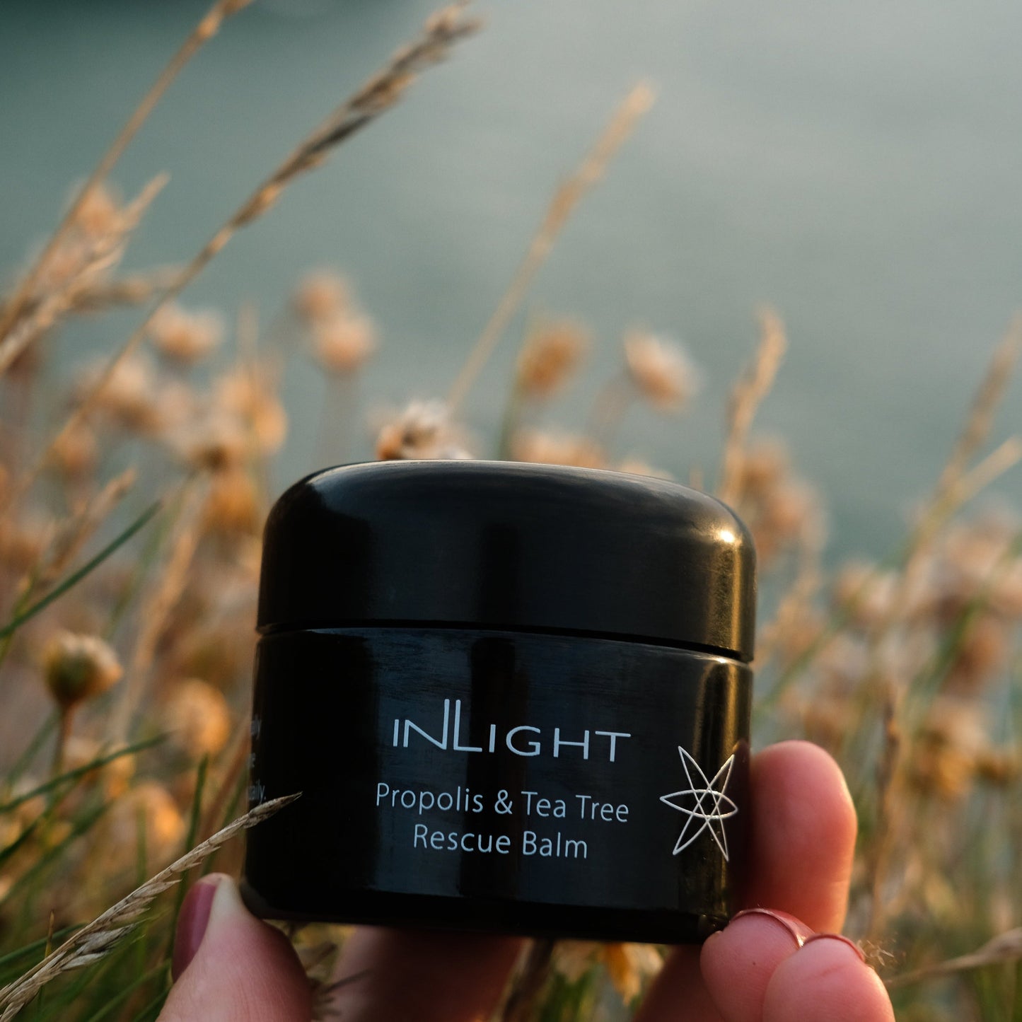 Hand holding a black jar of Inlight Beauty Propolis & Tea Tree Rescue Balm 28ml against a natural background with grass and flowers.