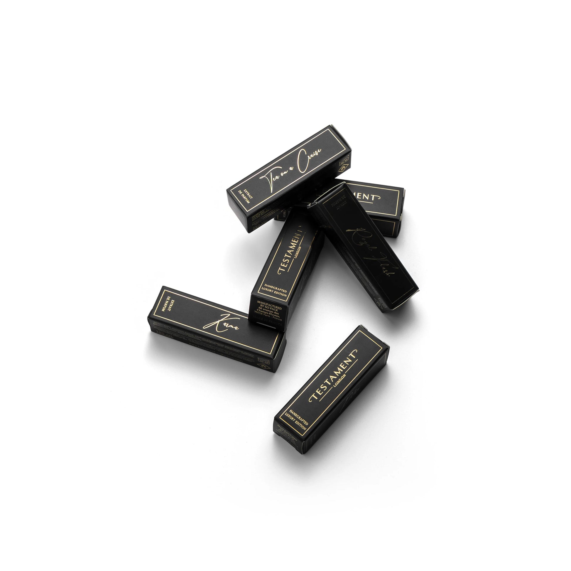 Black and gold boxes with 'Testament' branding on a white background