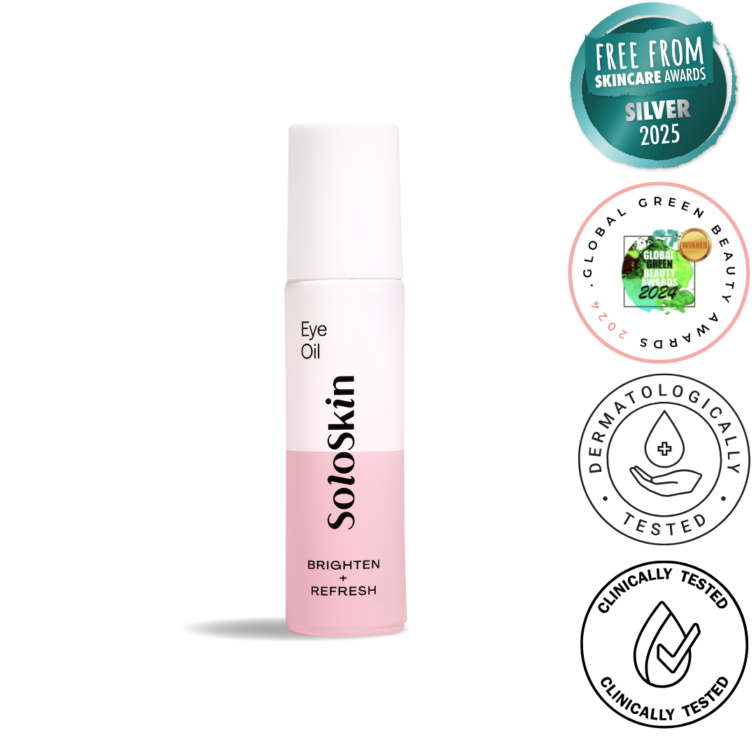 SokoSkin eye oil bottle with certification badges on a white background