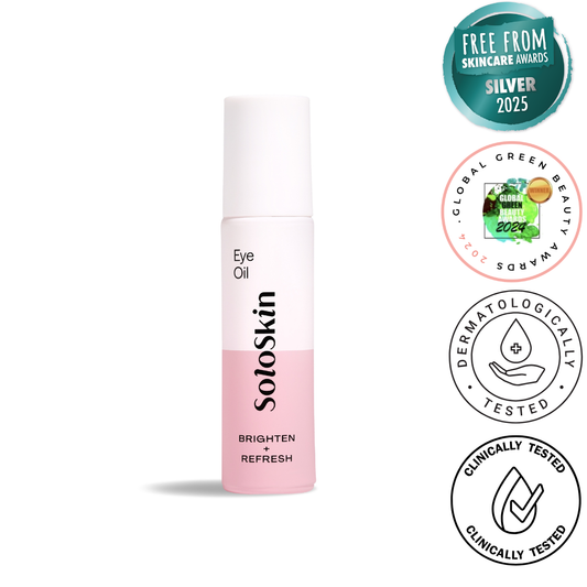 SokoSkin eye oil bottle with certification badges on a white background