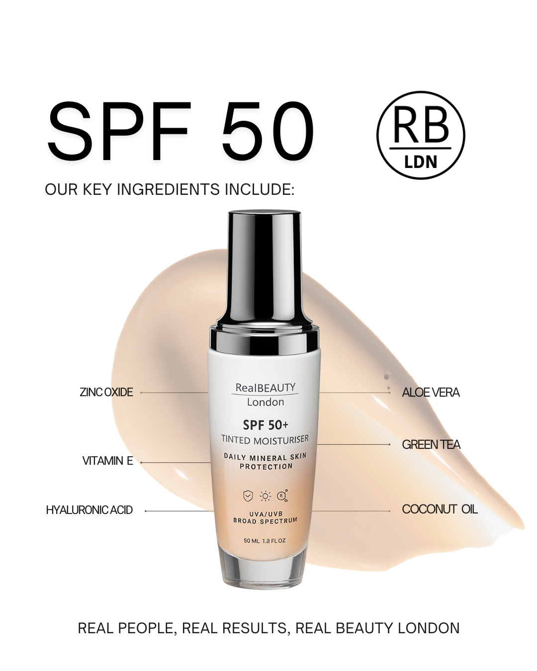 Real Beauty London - SPF 50 Tinted Face Moisturiser 50ml