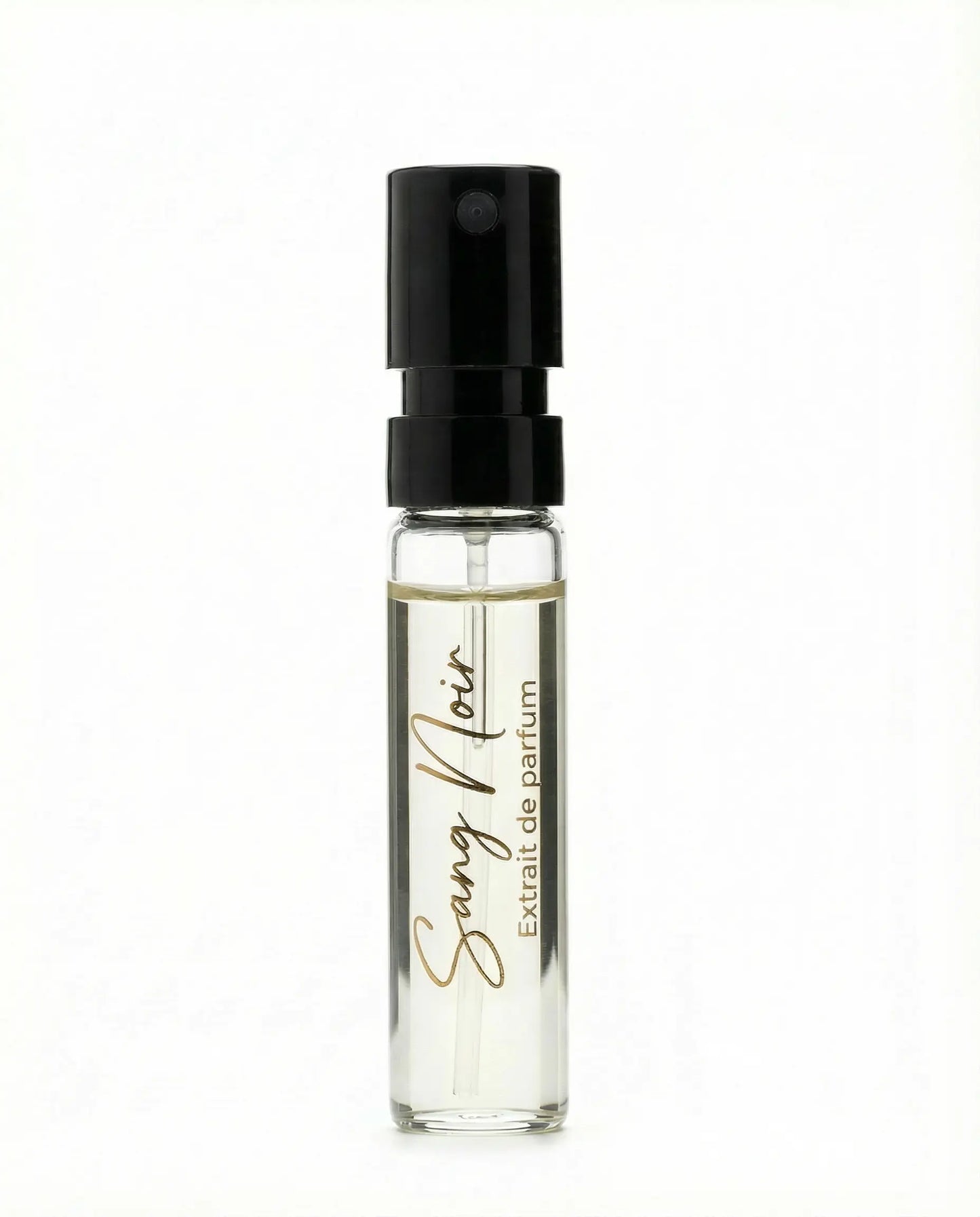 Small perfume bottle labeled 'Sang Noir' on a white background