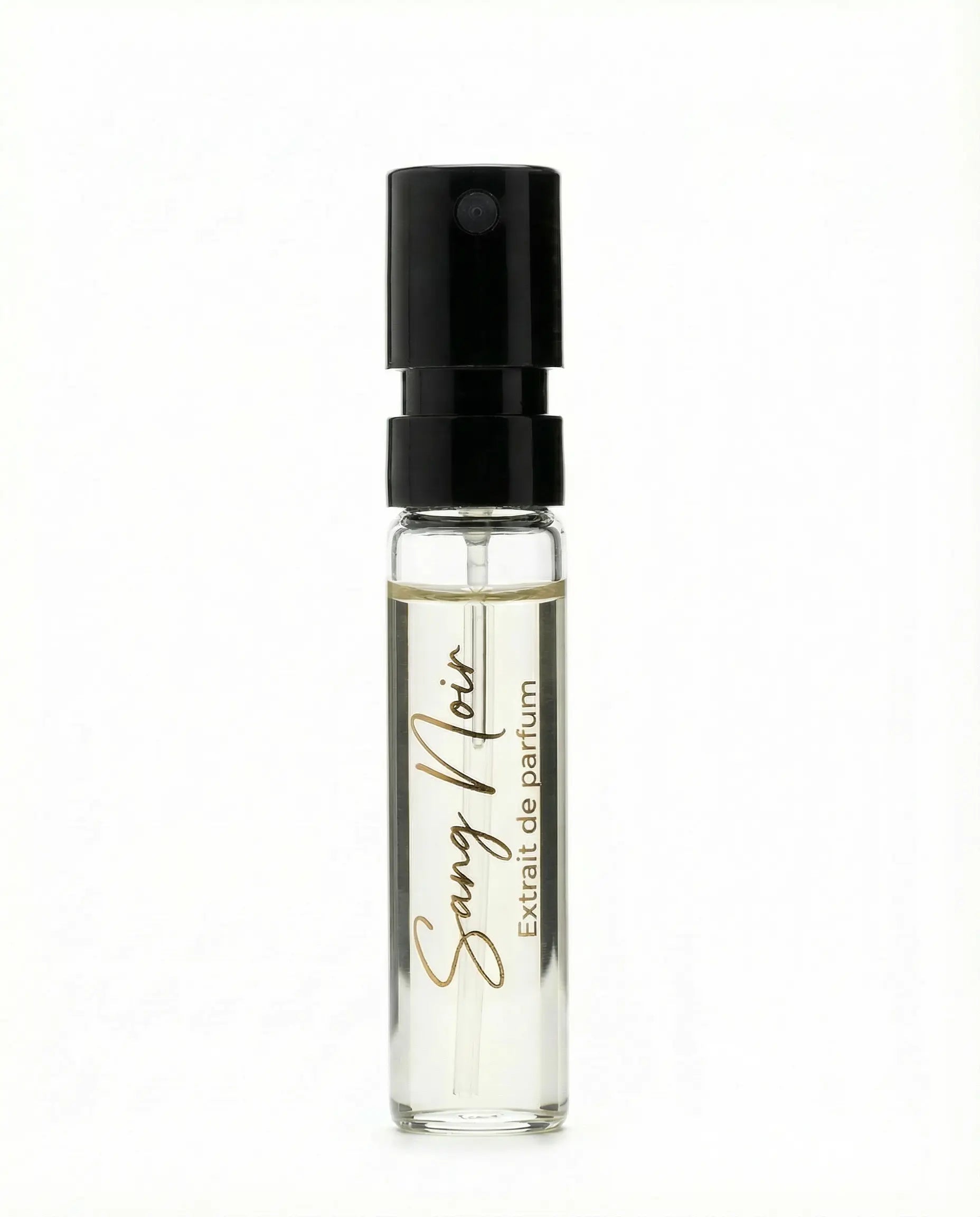 Small perfume bottle labeled 'Sang Noir' on a white background