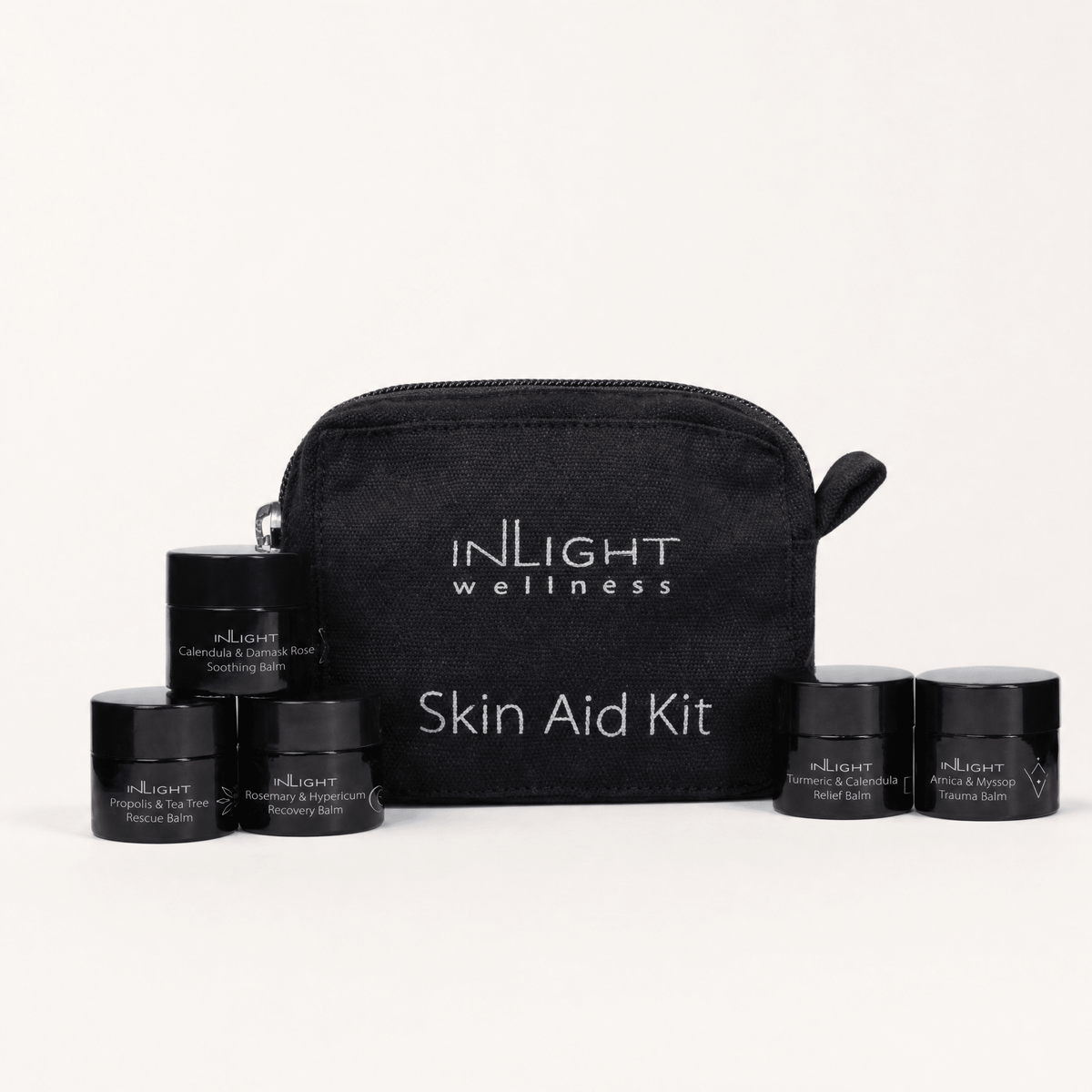 Inlight Beauty Skin Aid Kit featuring a black zippered pouch with white branding and five small black skincare jars arranged in front on a clean white background.