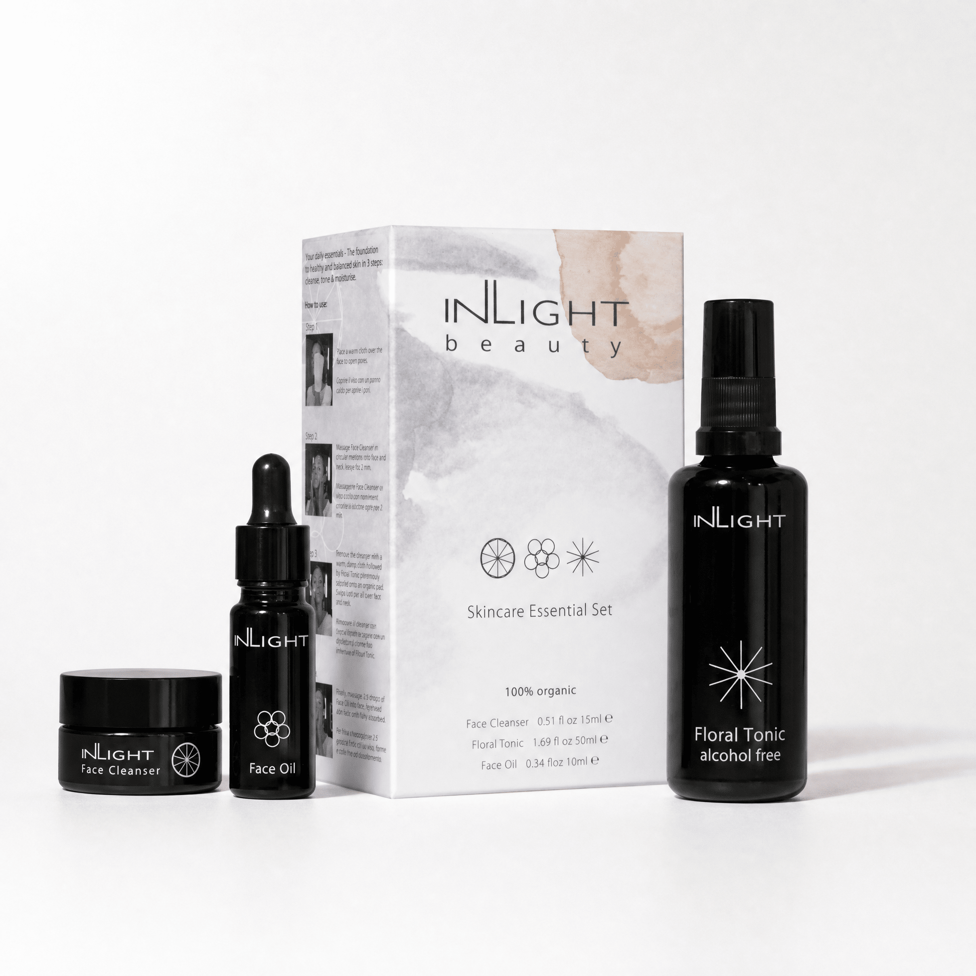 Inlight Beauty Skincare Essential Set products including Face Cleanser, Face Oil, and Floral Tonic on a white background.