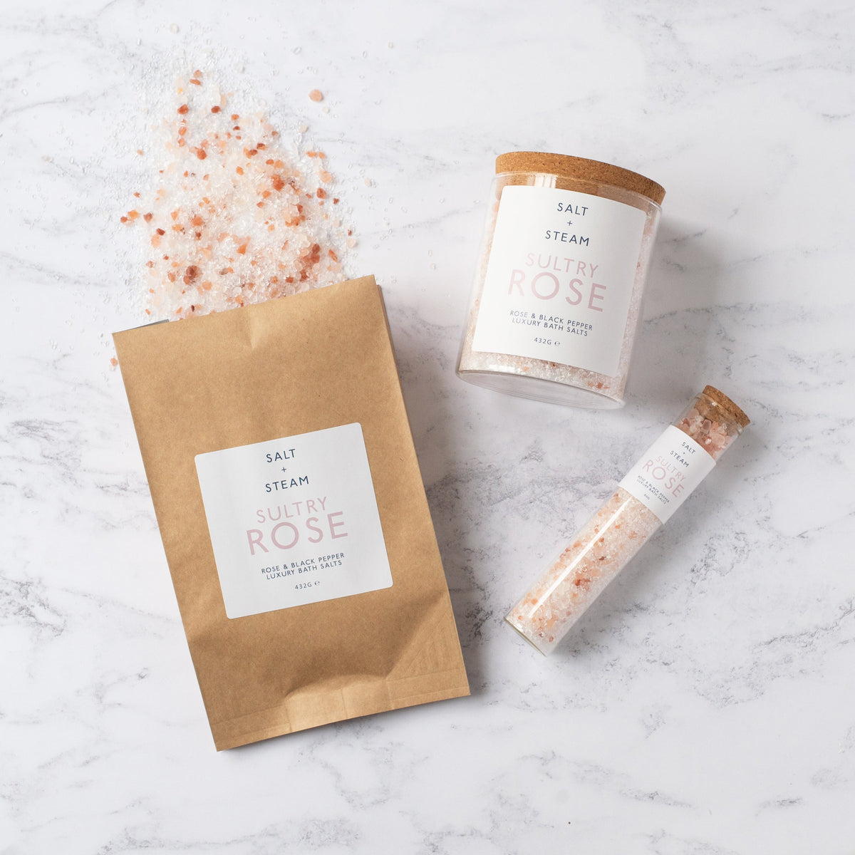 Salt + Steam bath salts range including Sultry Rose