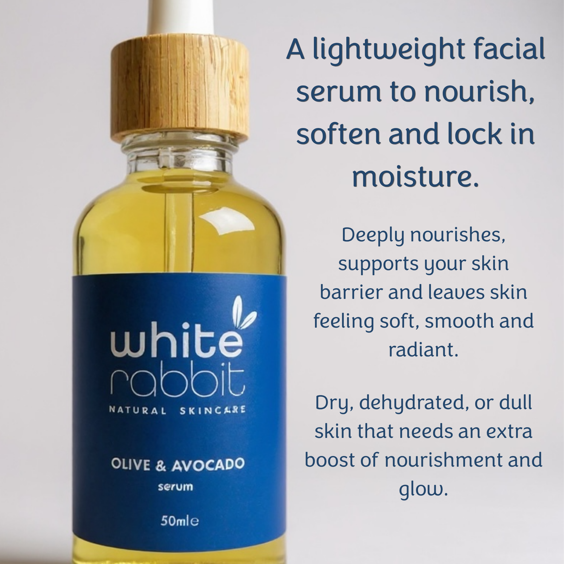 White Rabbit Olive & Avocado Serum in a 50ml glass dropper bottle with a blue label and bamboo cap, shown next to descriptive marketing text on a light grey background.