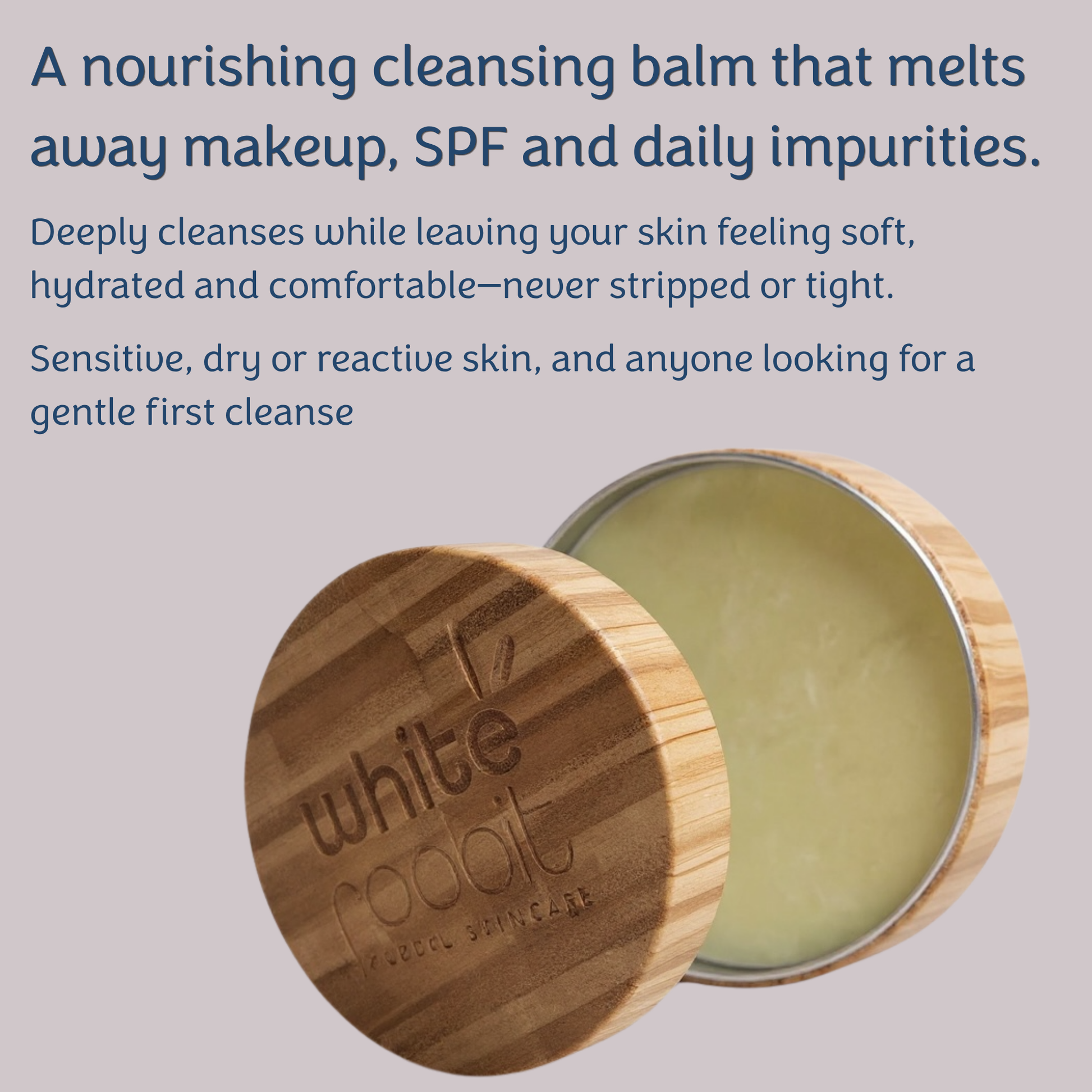 White Rabbit Model Universe Cleansing Balm in a round bamboo wood tin with the lid off, set against a solid light gray background with descriptive text.