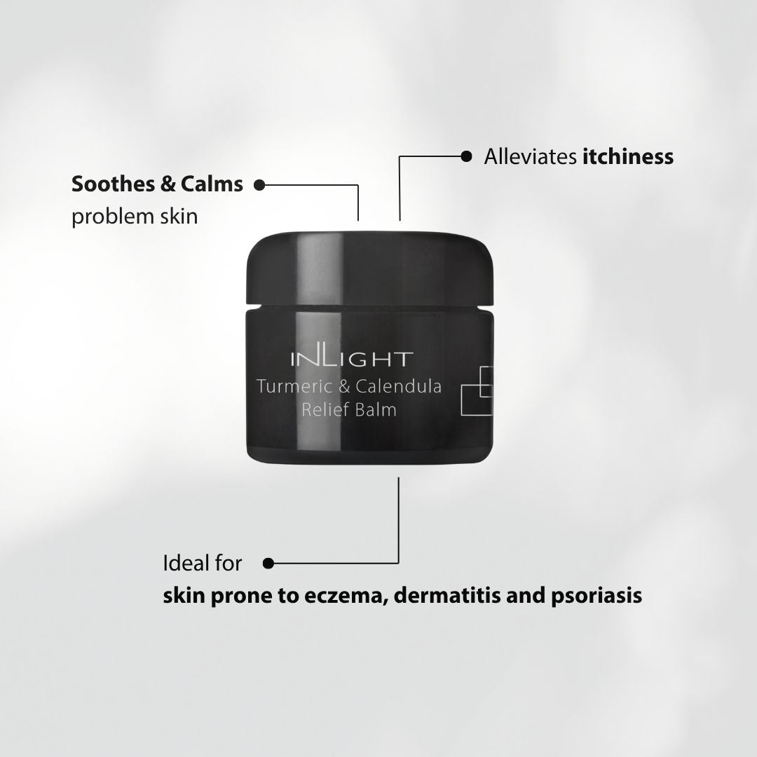 Black jar of Inlight Beauty Turmeric & Calendula Relief Balm 45ml on a light grey background with text about its benefits.