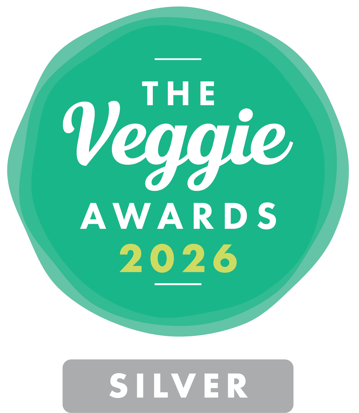 A round teal award badge reading 'The Veggie Awards 2026' with white and yellow text, plus a grey label below that says 'SILVER', shown on a white background.