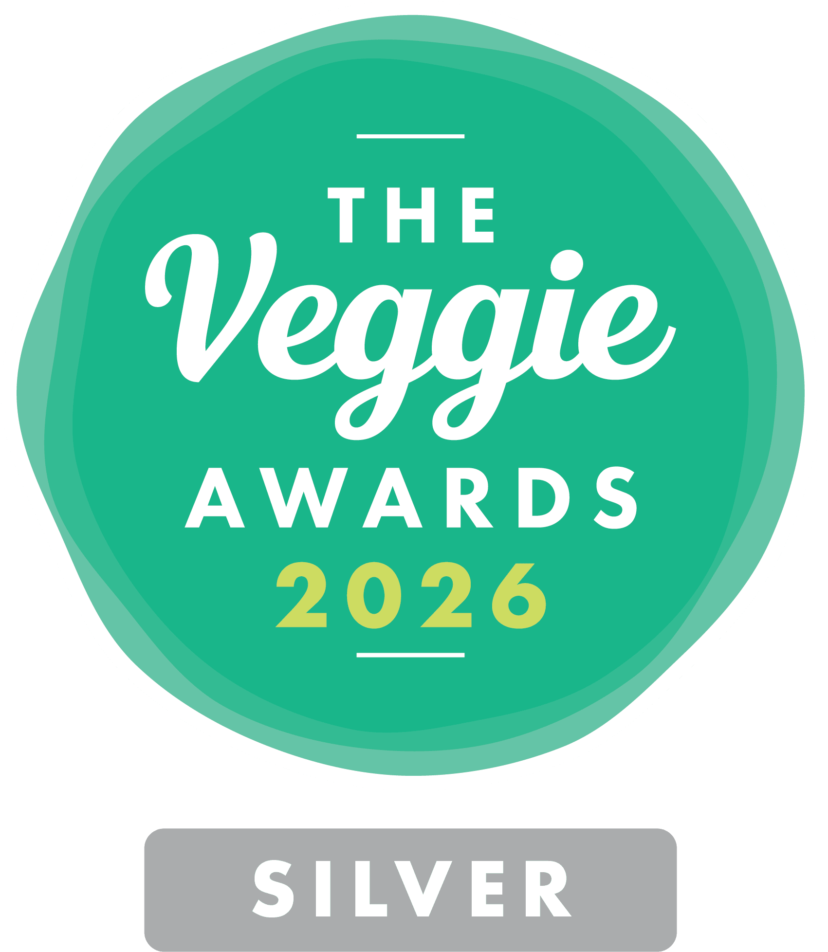 A round teal award badge reading 'The Veggie Awards 2026' with white and yellow text, plus a grey label below that says 'SILVER', shown on a white background.