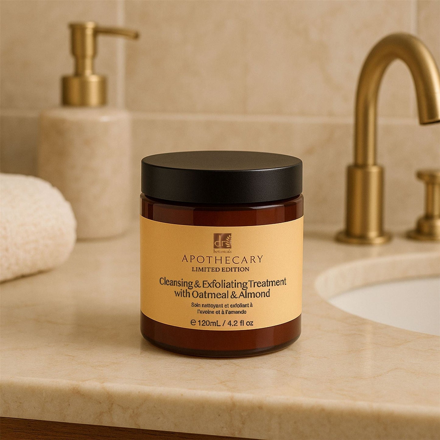 skinChemists Cleansing & Exfoliating Treatment Oatmeal & Almond 120ml in a bathroom setting