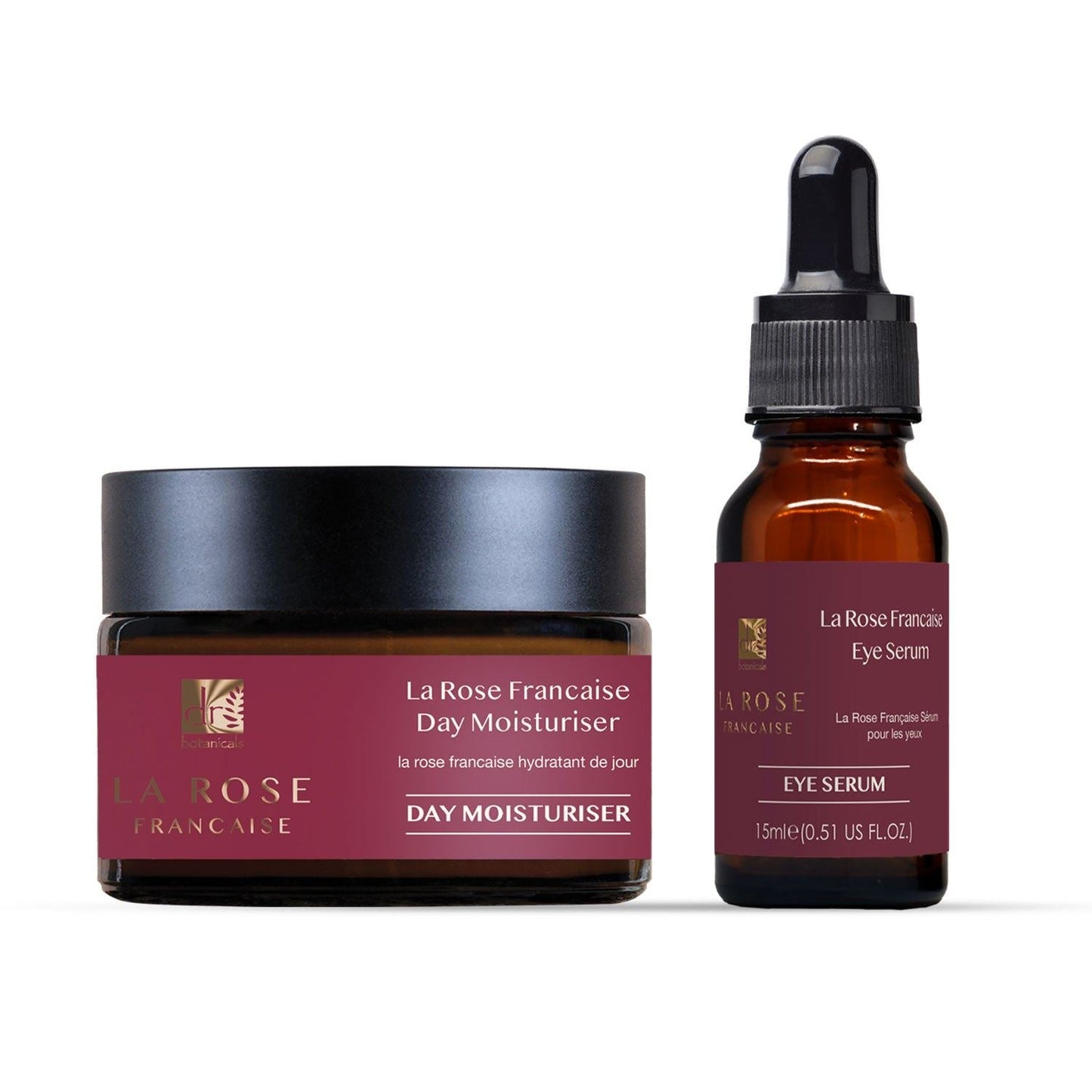 La Rose Française Day Moisturizer jar and Eye Serum dropper bottle on a white background